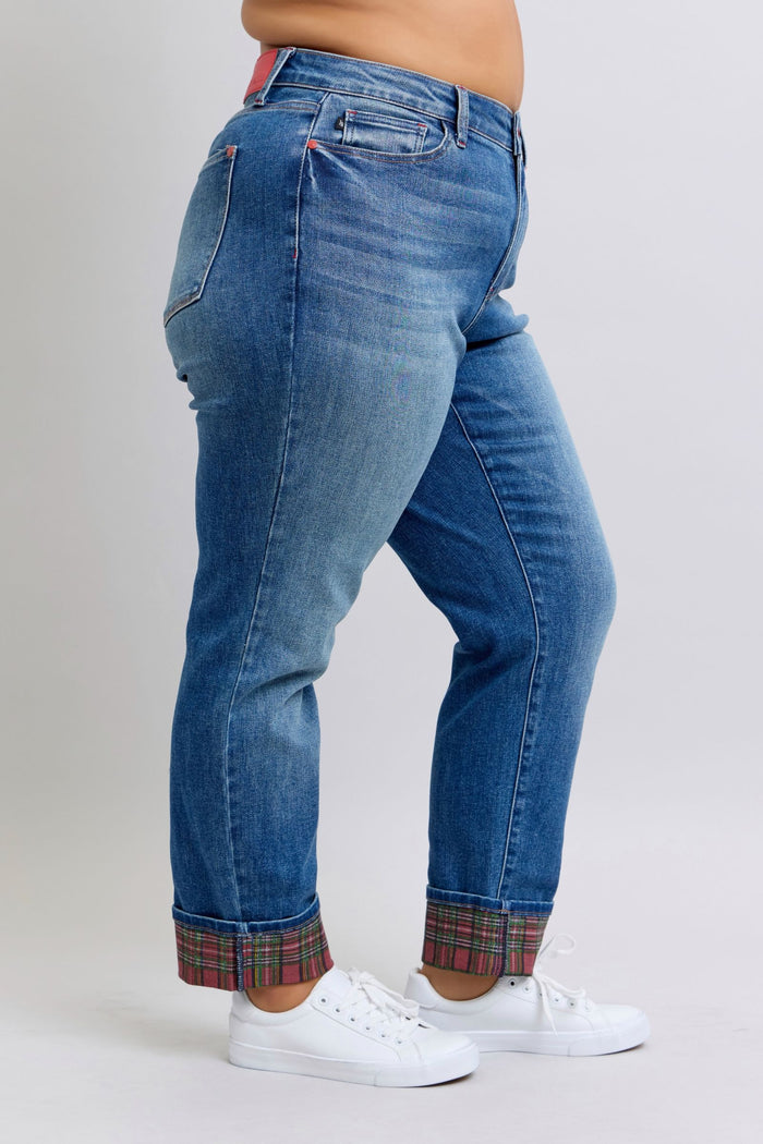 Judy Blue Mid Rise Plaid Tidings Cuffed Boyfriend Jeans