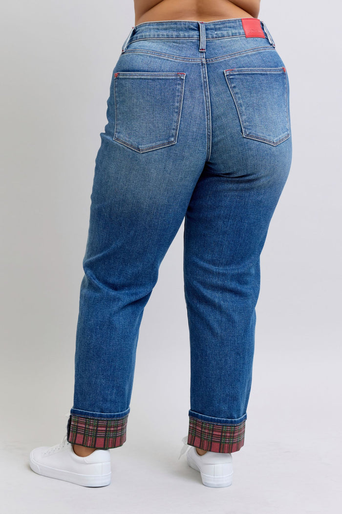 Judy Blue Mid Rise Plaid Tidings Cuffed Boyfriend Jeans
