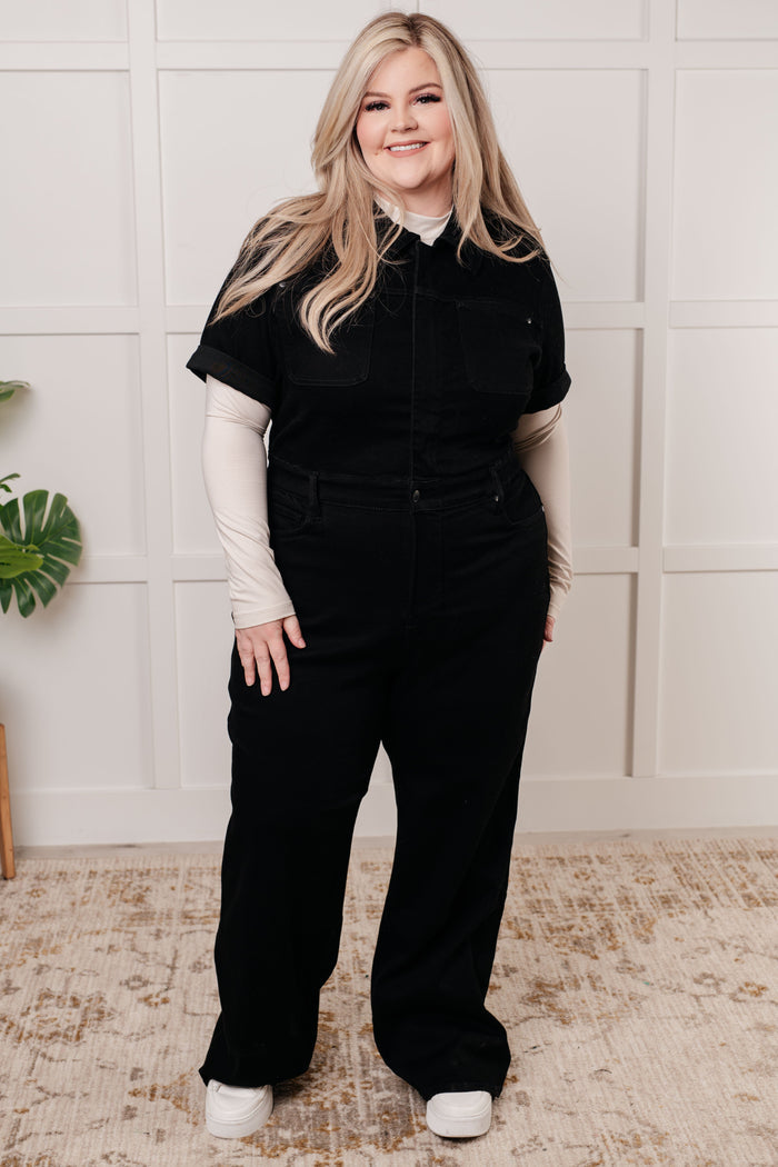 Judy Blue Short Sleeve Tummy Control Denim Jumpsuit Black