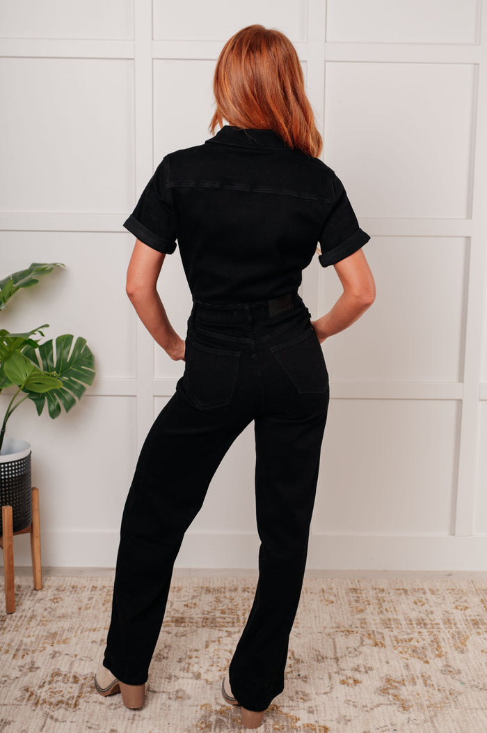 Judy Blue Short Sleeve Tummy Control Denim Jumpsuit Black