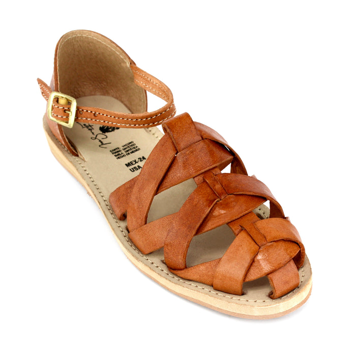 Women's handmade honey genuine leather artisan huarache sandals featuring a woven leather upper, adjustable ankle buckle strap, cushioned leather footbed, and durable rubber outsole, handcrafted in Mexico for everyday comfort and style.
