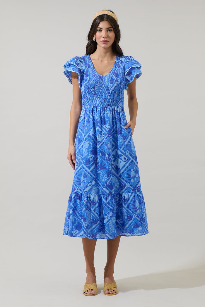 Kaidy Tropical Patte Tiered Midi Dress