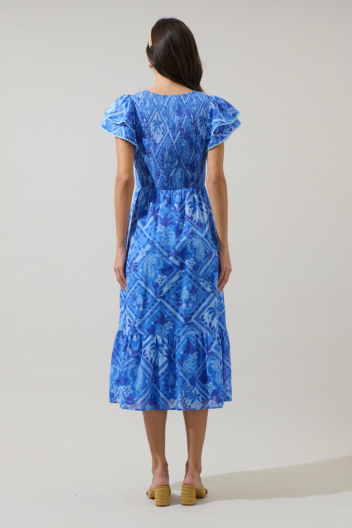 Kaidy Tropical Patte Tiered Midi Dress