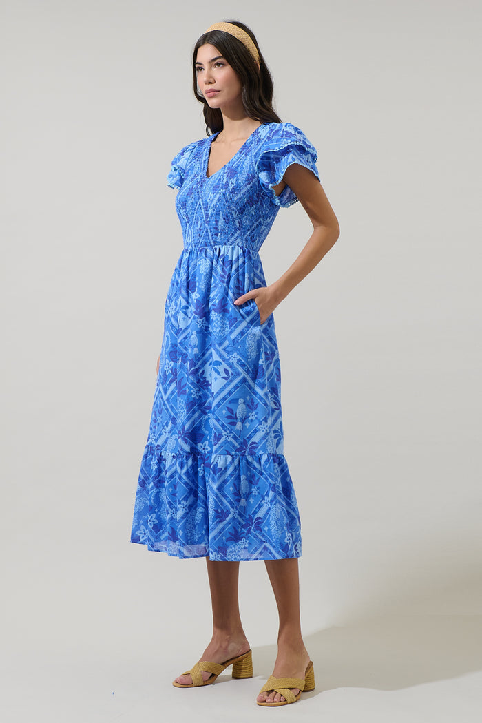Kaidy Tropical Patte Tiered Midi Dress