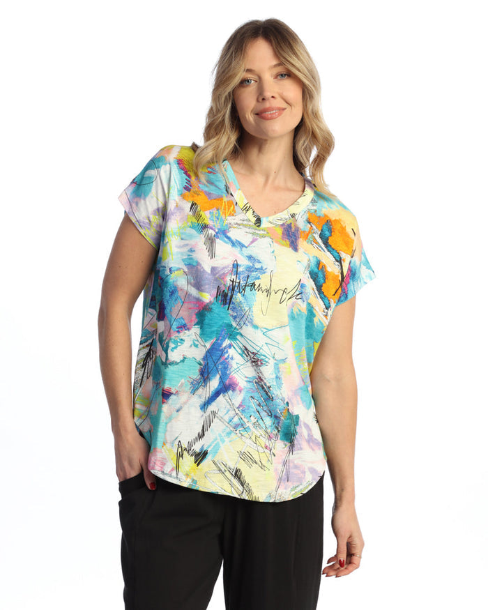 "Kelly" Cotton Modal Easy Fit Short Sleeve V-Neck Top - KM2-2050