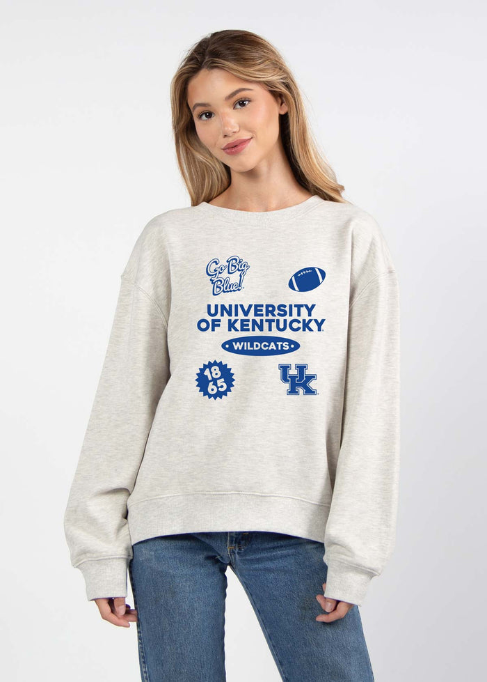 Kentucky Wildcats Women's Ash-Grey Relaxed Heavyweight Fleece Sweatshirt with Dropped shoulders, crew neckline, back center seam and ribbed neckline, cuffs and hem