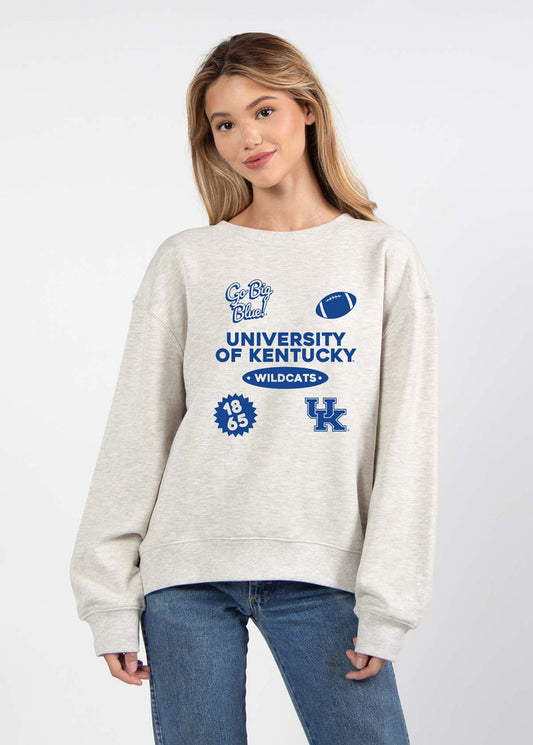 Kentucky Wildcats Women's Ash-Grey Relaxed Heavyweight Fleece Sweatshirt with Dropped shoulders, crew neckline, back center seam and ribbed neckline, cuffs and hem