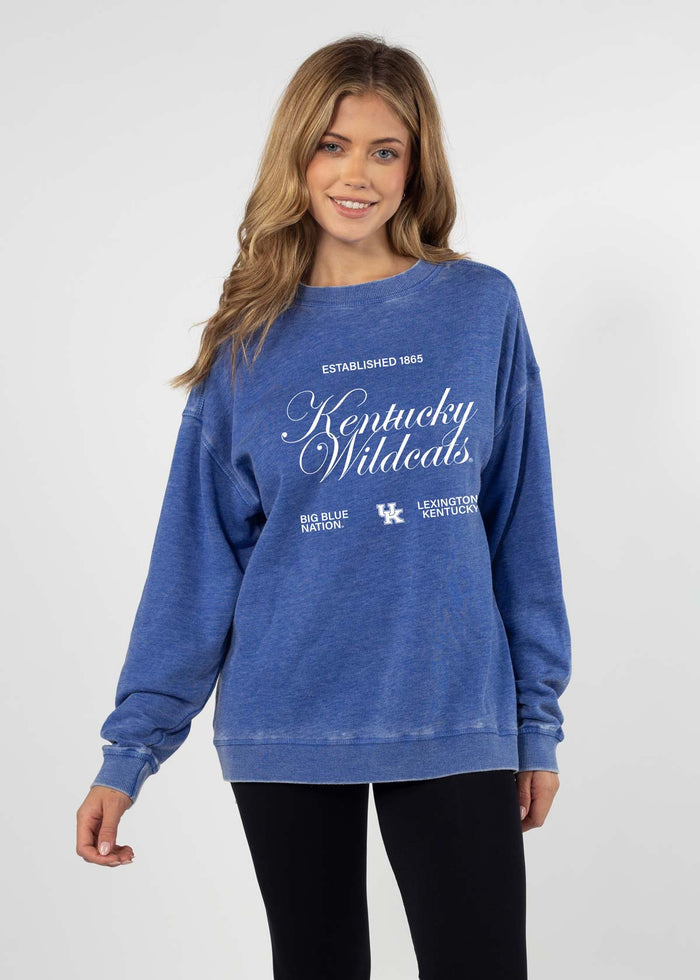 Kentucky Wildcats Unisex Cobalt Oversized Burnout fleece Sweatshirt with Ribbed crew neckline, cuffs, hem, dropped shoulders and relaxed bottom hem