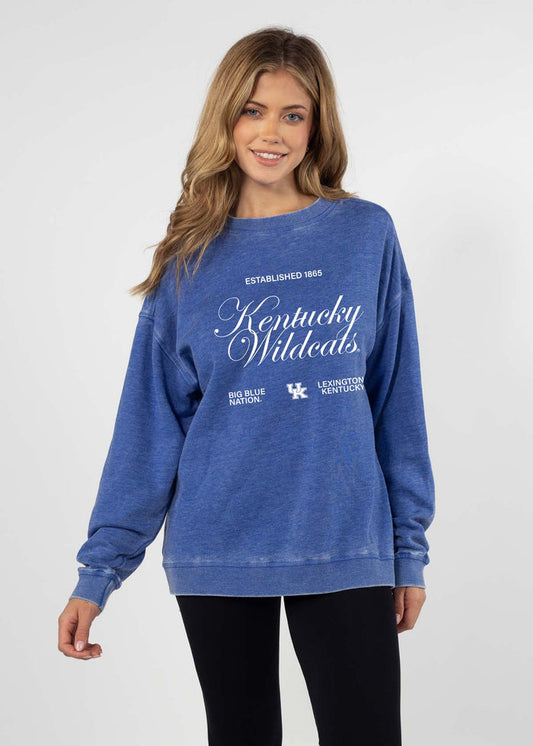 Kentucky Wildcats Unisex Cobalt Oversized Burnout fleece Sweatshirt with Ribbed crew neckline, cuffs, hem, dropped shoulders and relaxed bottom hem