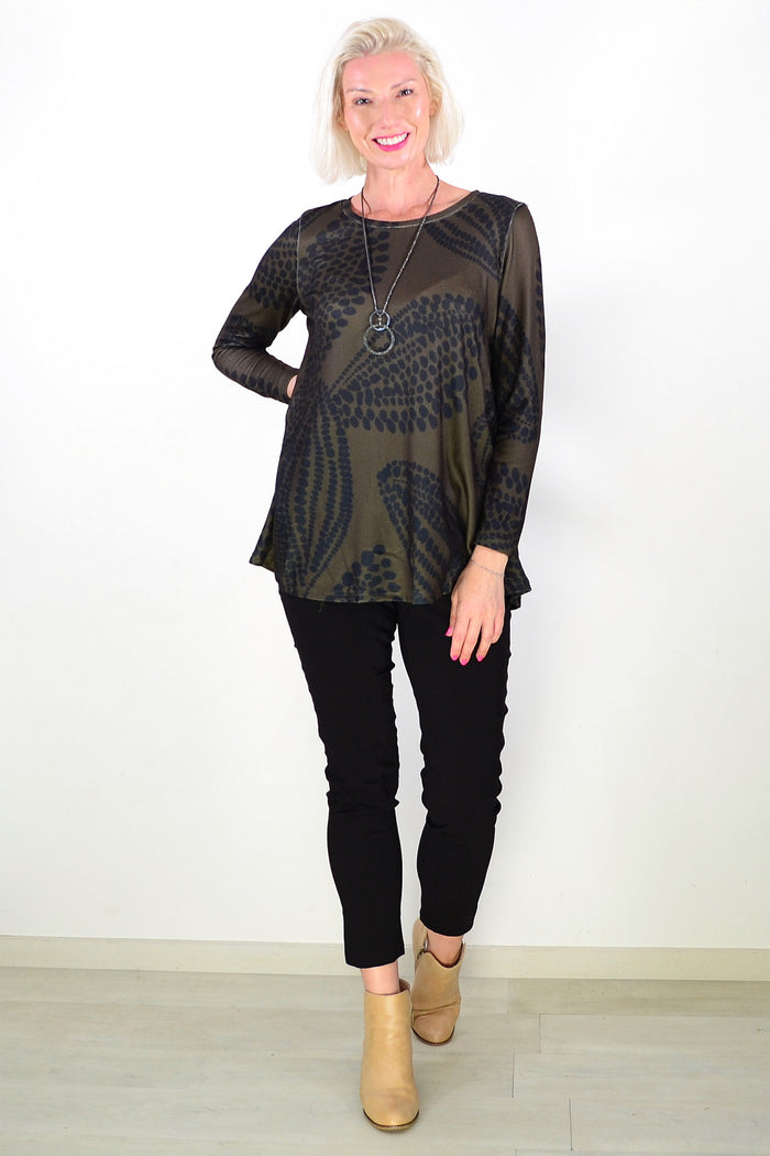 Khaki Black Floral Pattern Tunic Top