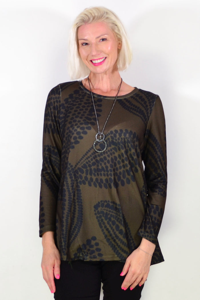 Khaki Black Floral Pattern Tunic Top