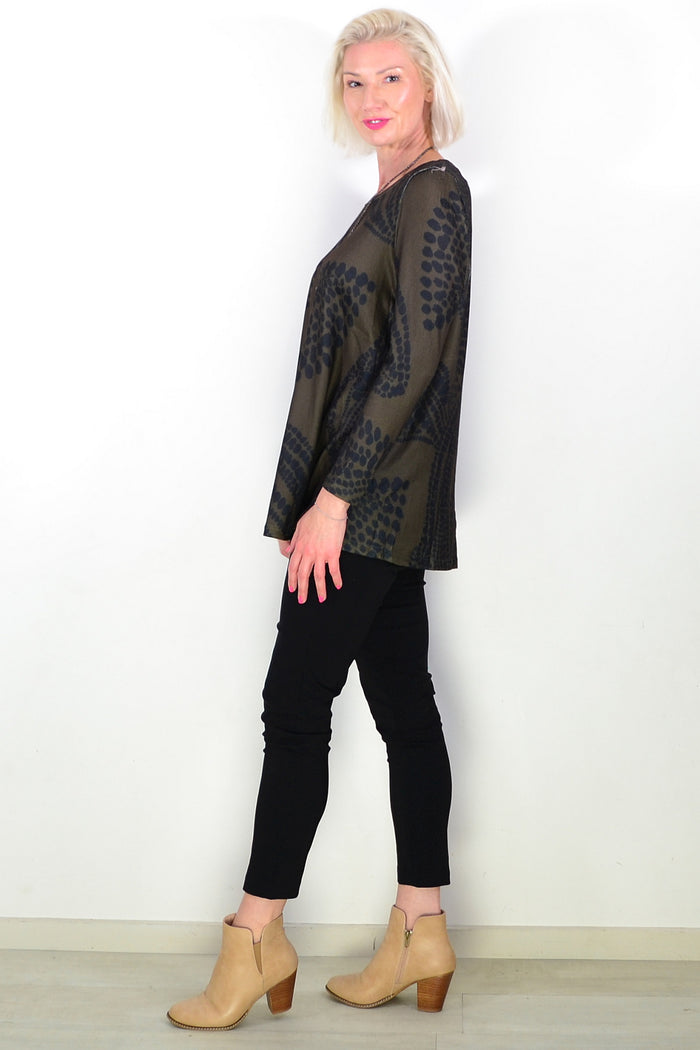 Khaki Black Floral Pattern Tunic Top