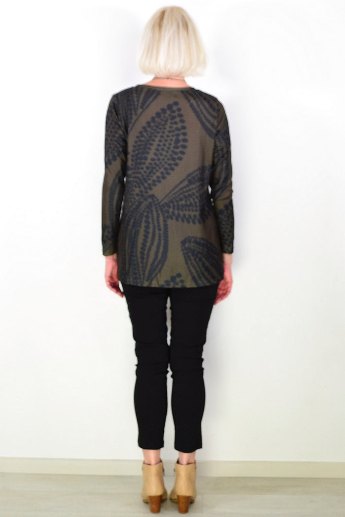 Khaki Black Floral Pattern Tunic Top