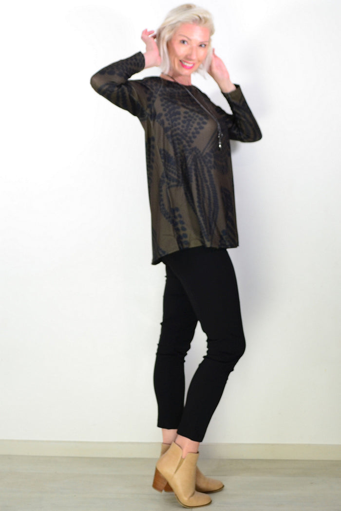 Khaki Black Floral Pattern Tunic Top
