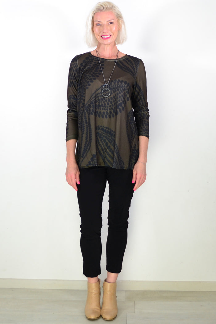 Khaki Black Floral Pattern Tunic Top