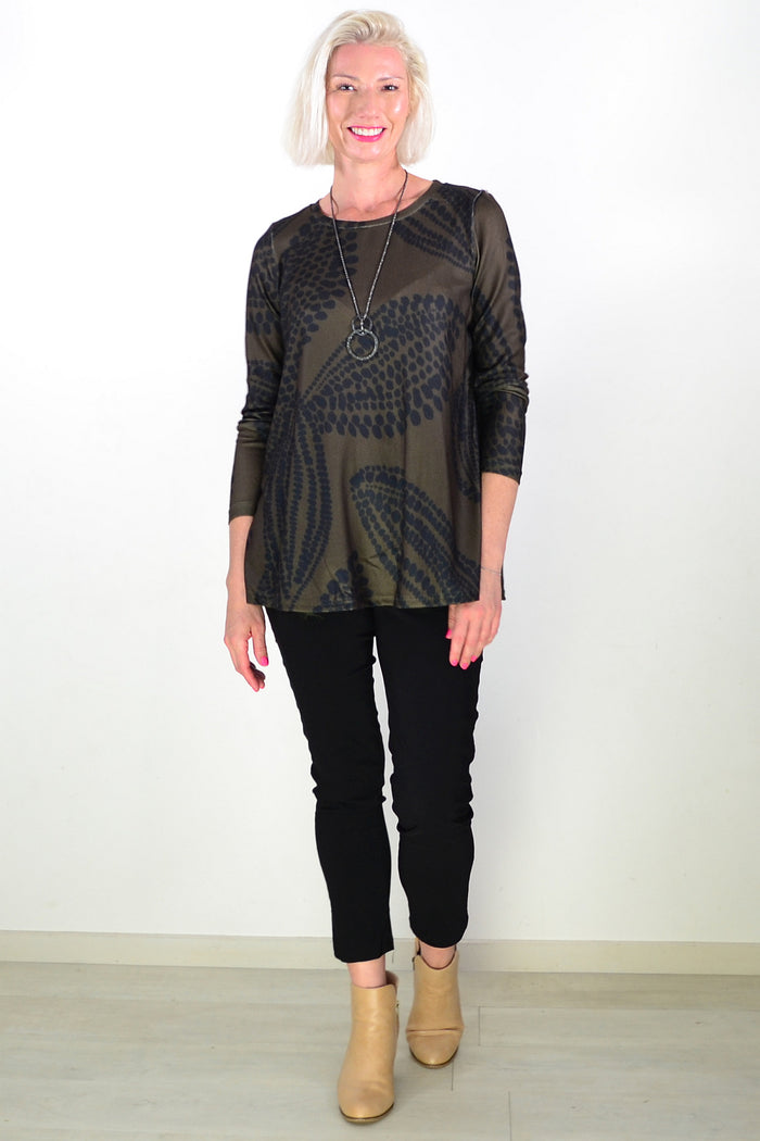 Khaki Black Floral Pattern Tunic Top