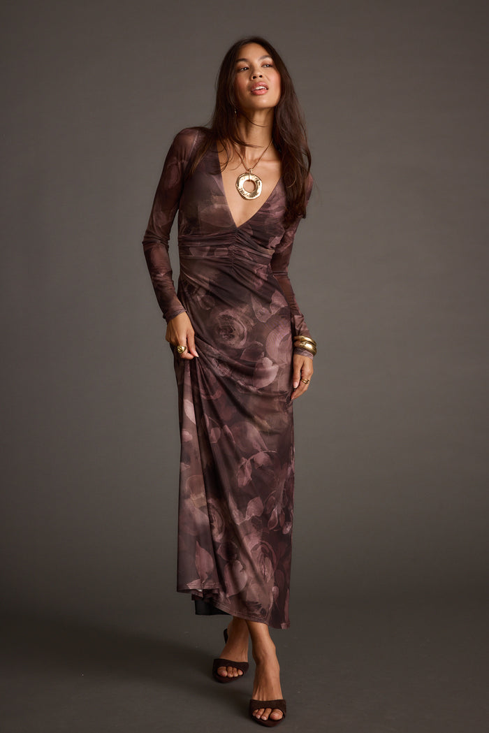 Plum mesh maxi dress with refined detailing and a flattering silhouette.