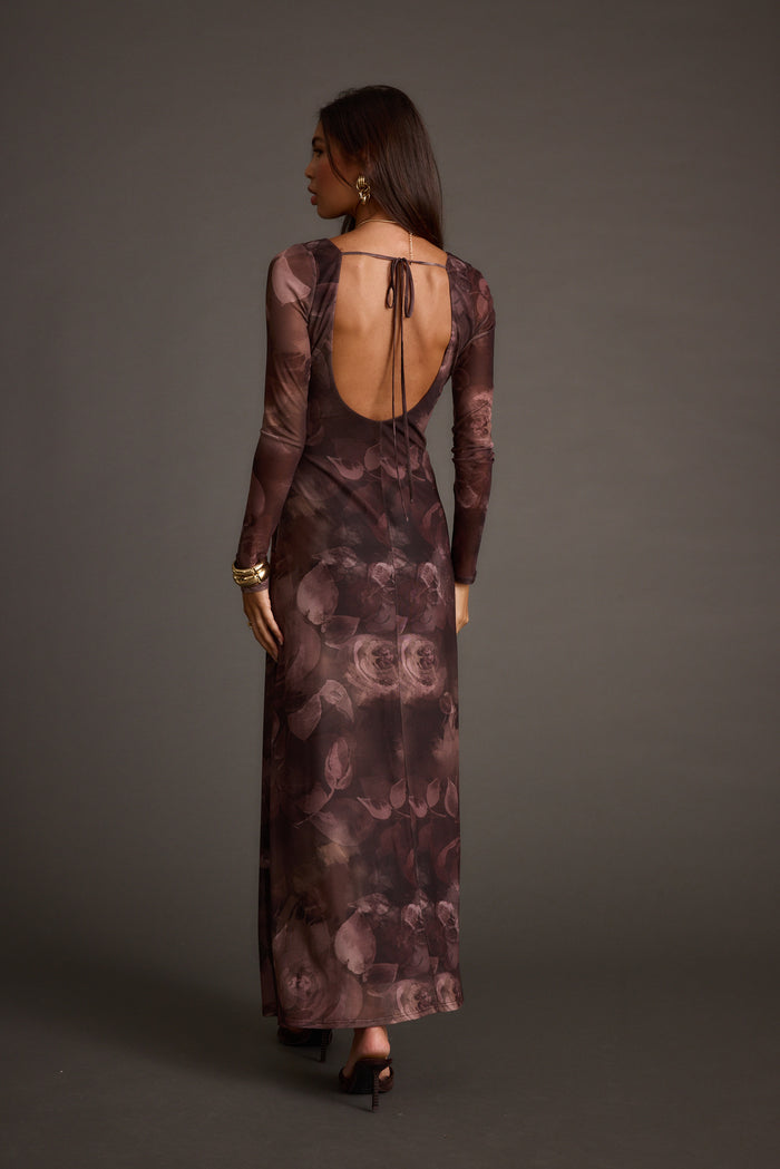Back view of the plum mesh maxi dress showing the silhouette and fit.