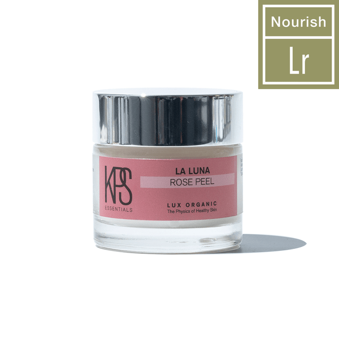 Jar of La Luna Rose Peel | Kindness Powered Skincare with pink label and silver lid, placed on white background with shadow and a small graphic reading Nourish Lr.