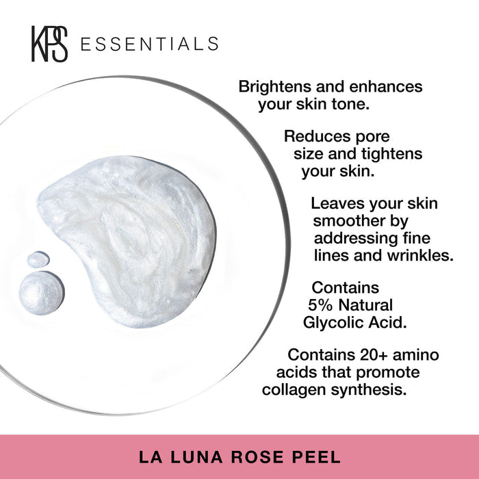 Clear skincare product texture with text highlighting benefits of La Luna Rose Peel | Kindness Powered Skincare, including brightening, pore tightening, smoothing fine lines, natural glycolic acid, and collagen support.