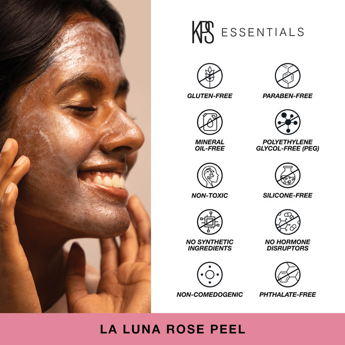 Smiling woman with glowing skin applies La Luna Rose Peel | Kindness Powered Skincare that is gluten-free, paraben-free, non-toxic, and free from synthetic ingredients and common irritants.