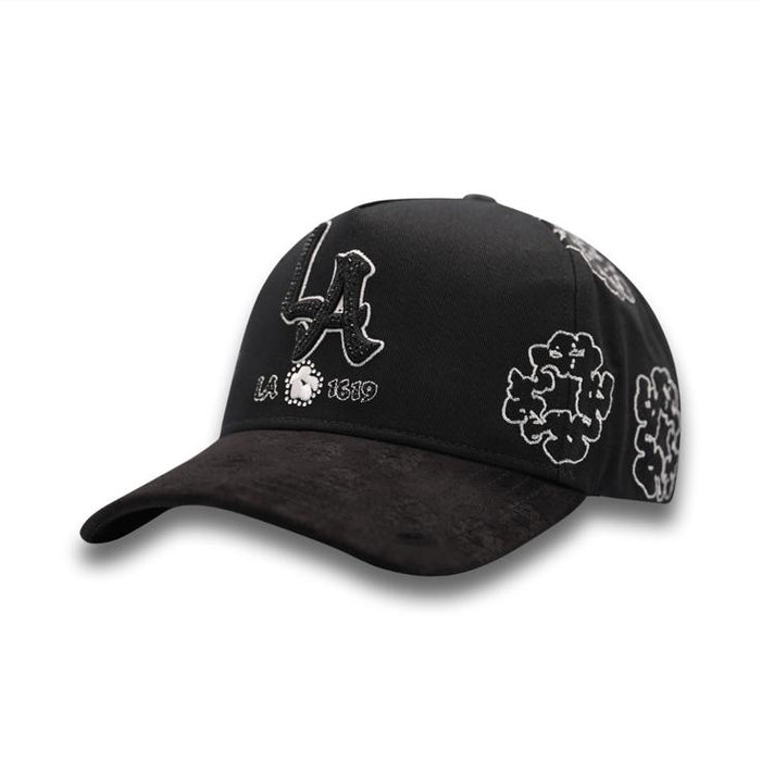 LA NUVES Black Snapback – front view with LA logo embroidery