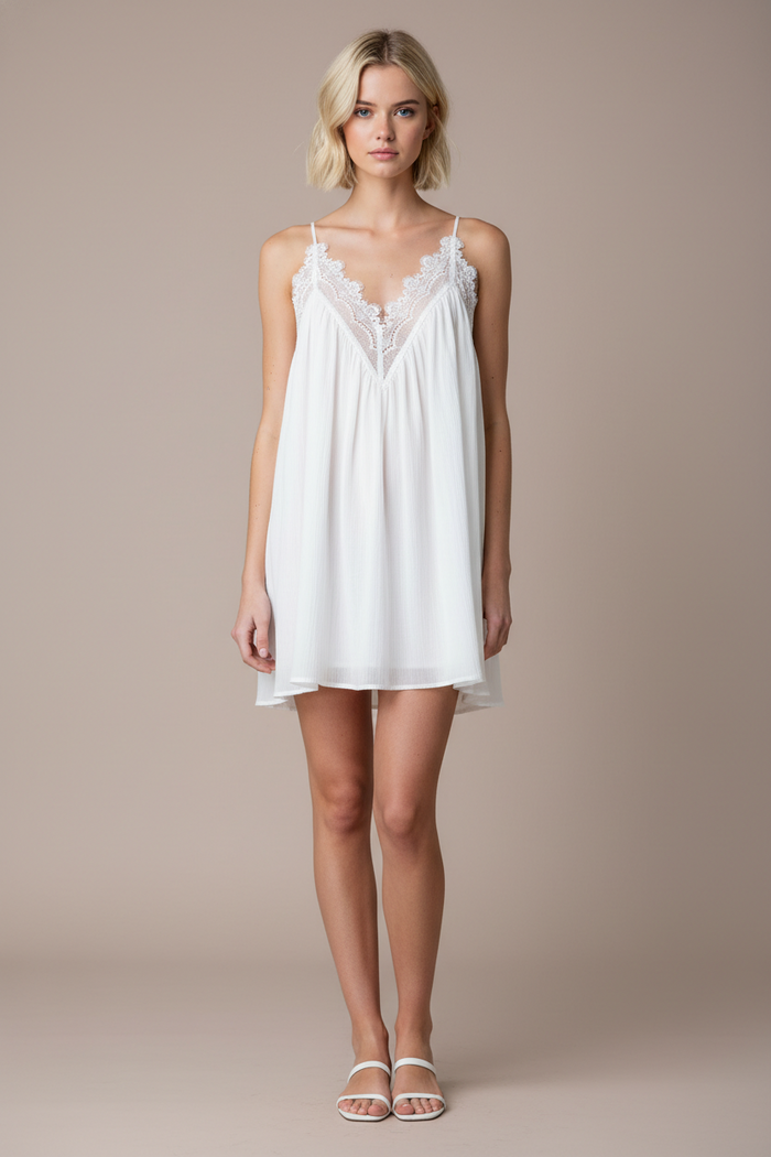Lace Trim V Neck Sleeveless Mini Dress