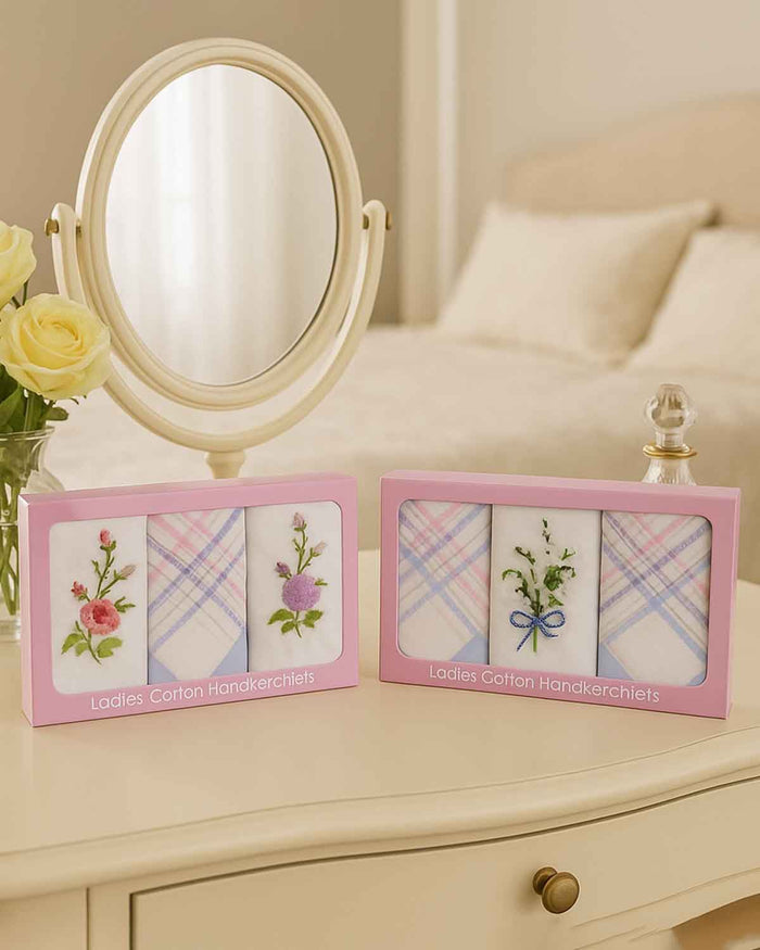 Ladies Embroidered Pure Cotton Handkerchiefs 2 Boxes of 3 - White - Image 1 - The Classic Boutique