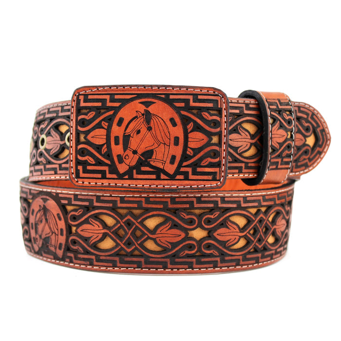 Laser Cowboy Belt w/ Horse Buckle- Honey
