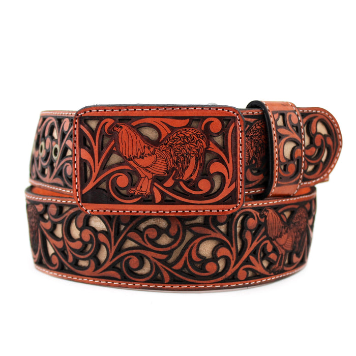 Laser Cowboy Belt w/ Rooster Buckle- Honey