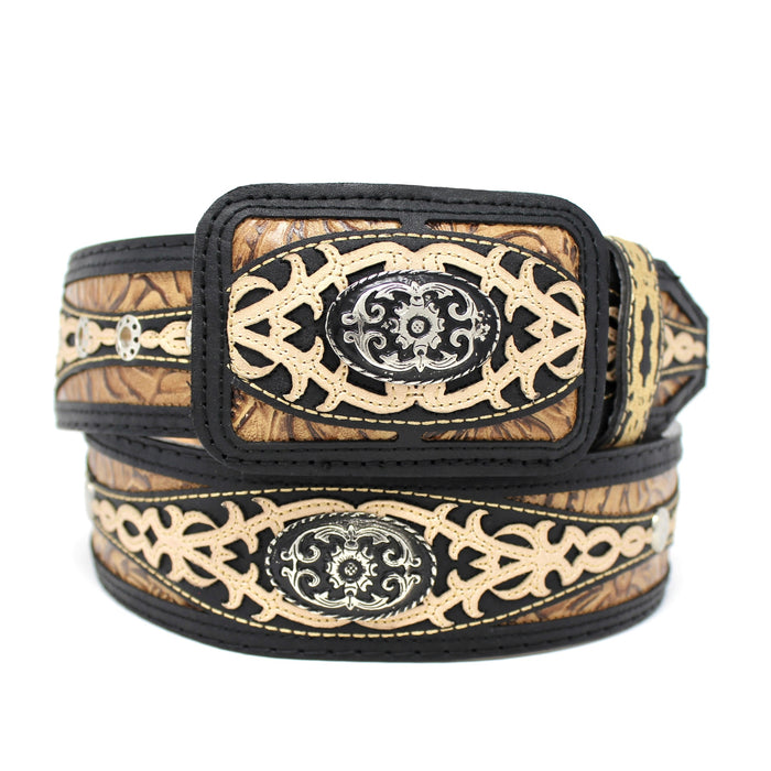 Laser Cowboy Belt w/ Square Concho Buckle - Black