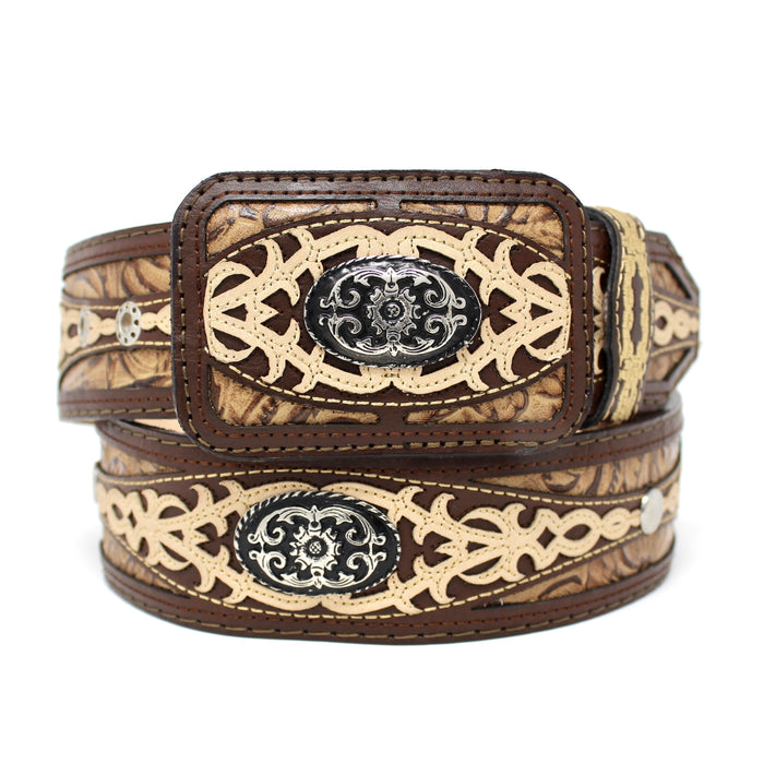 Laser Cowboy Belt w/ Square Concho Buckle - Café
