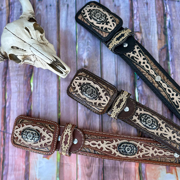 Laser Cowboy Belt w/ Square Concho Buckle - Café