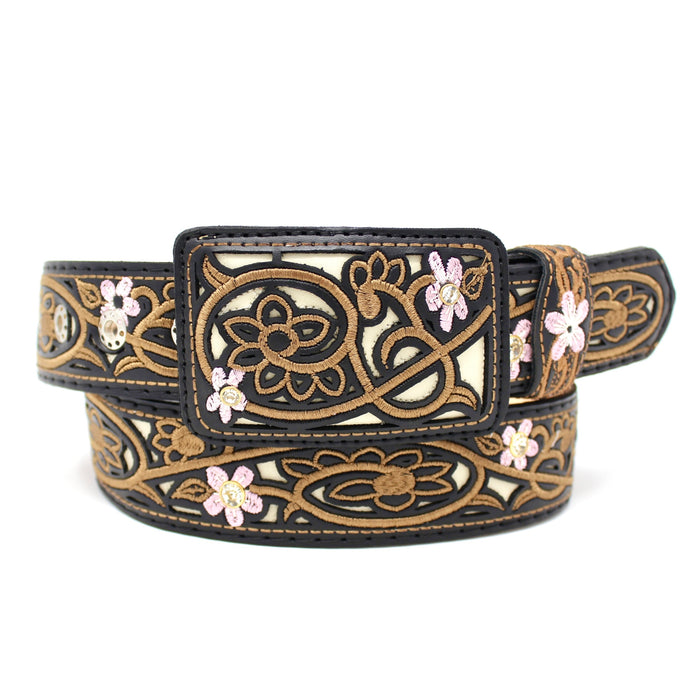 Laser Cowgirl Flower Belt w/ Embroidery - Black