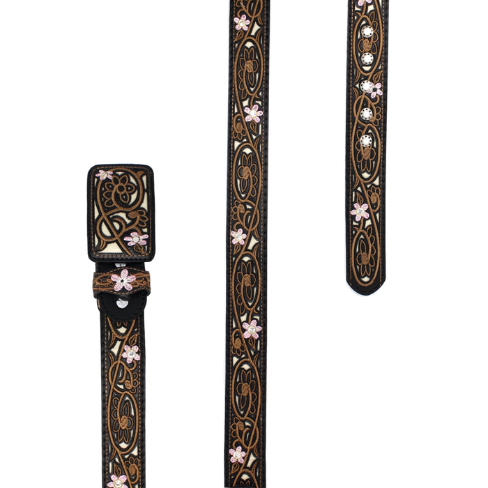 Laser Cowgirl Flower Belt w/ Embroidery - Black