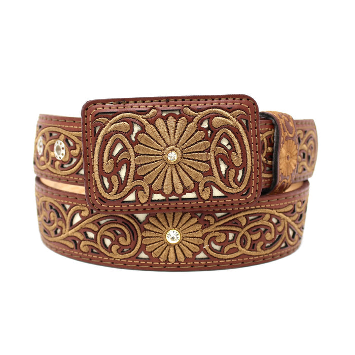 Laser Cowgirl Flower Belt w/ Embroidery - Chestnut
