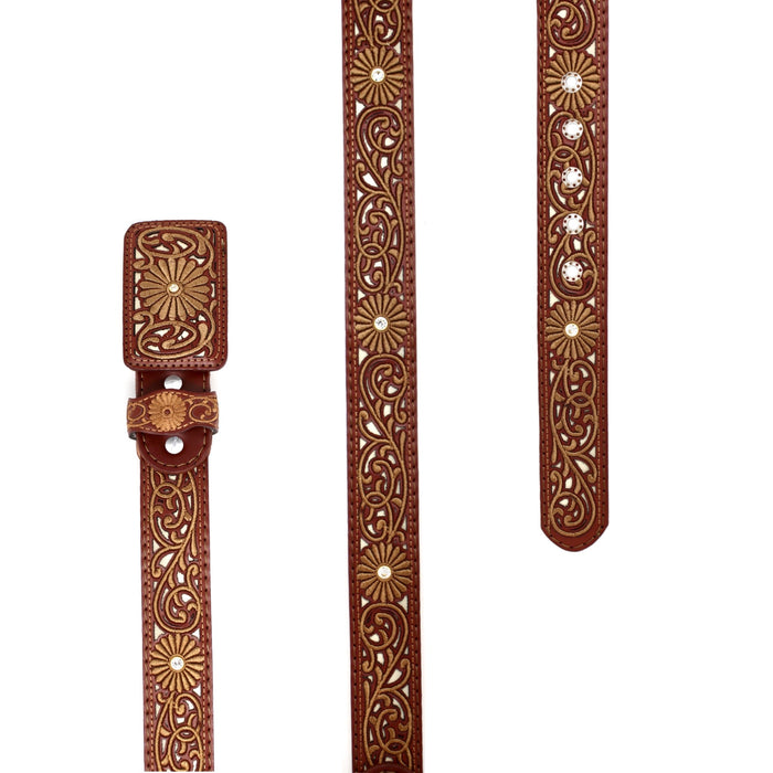 Laser Cowgirl Flower Belt w/ Embroidery - Chestnut