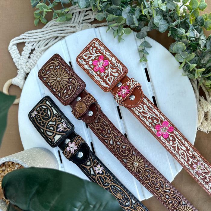 Laser Cowgirl Flower Belt w/ Embroidery - Chestnut
