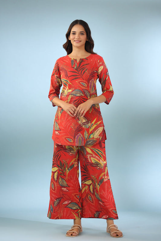 Leaf Ombre on Maroon Cotton Palazzo Loungewear Set