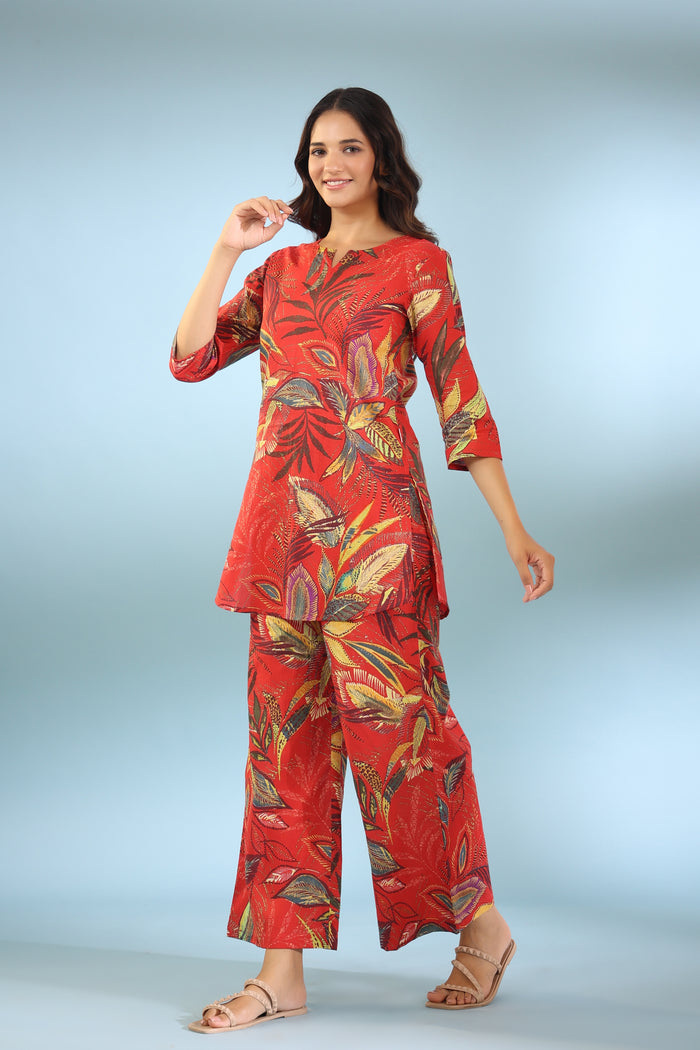 Leaf Ombre on Maroon Cotton Palazzo Loungewear Set