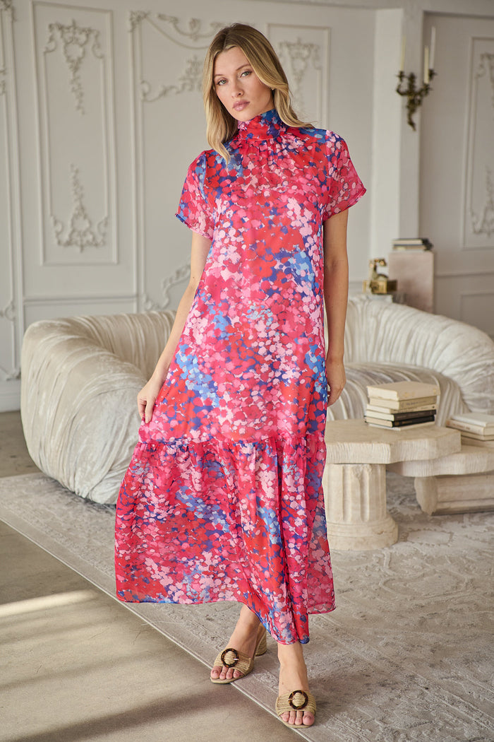 Leah Abstract Dime Organza Mockneck Maxi Dress