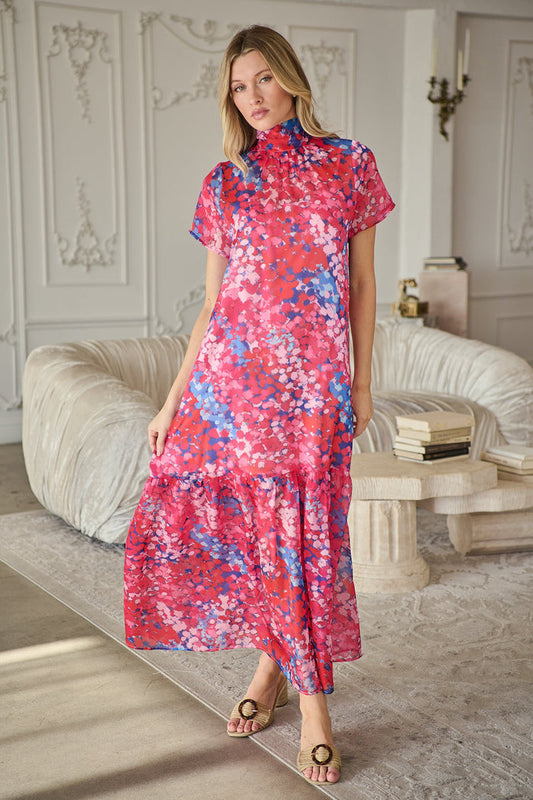 Leah Abstract Dime Organza Mockneck Maxi Dress
