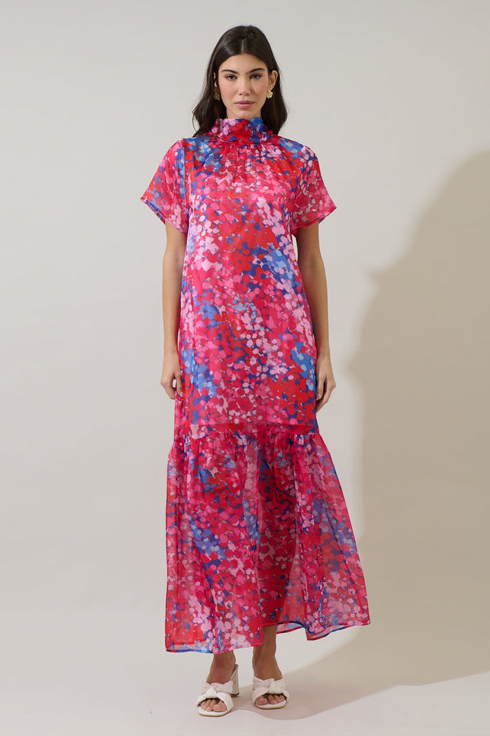 Leah Abstract Dime Organza Mockneck Maxi Dress