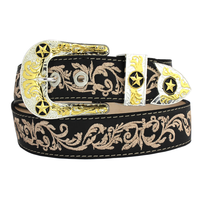 Leather Belt w/ Embroidered Print- Black