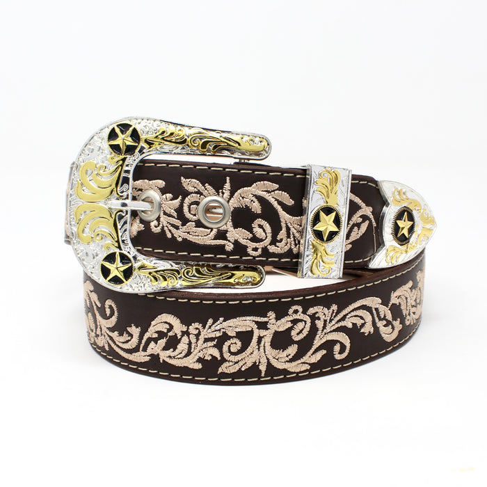 Leather Belt w/ Embroidered Print- Café