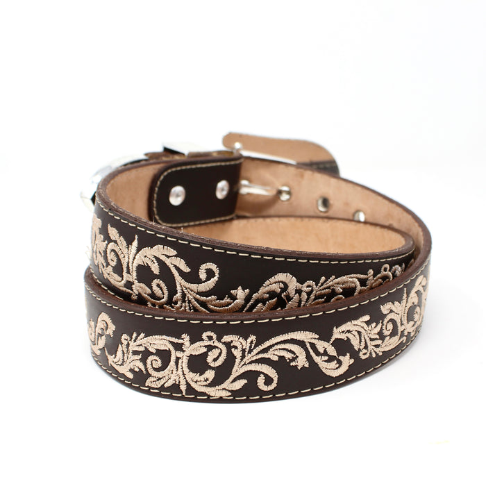 Leather Belt w/ Embroidered Print- Café