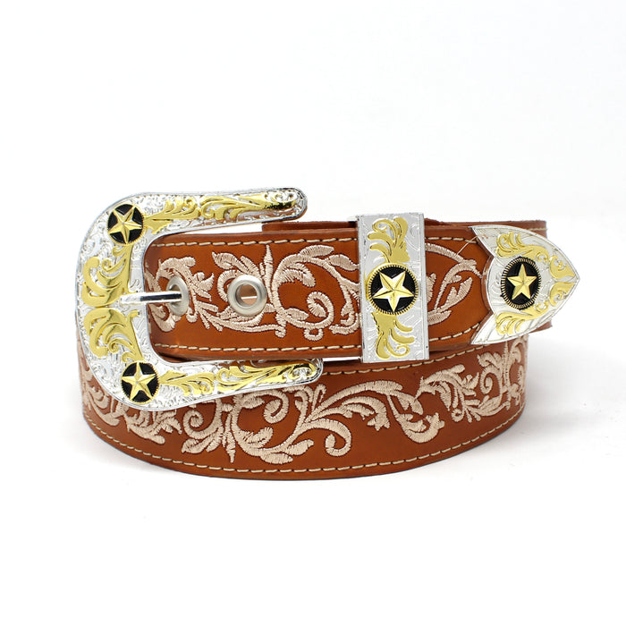 Leather Belt w/ Embroidered Print- Honey