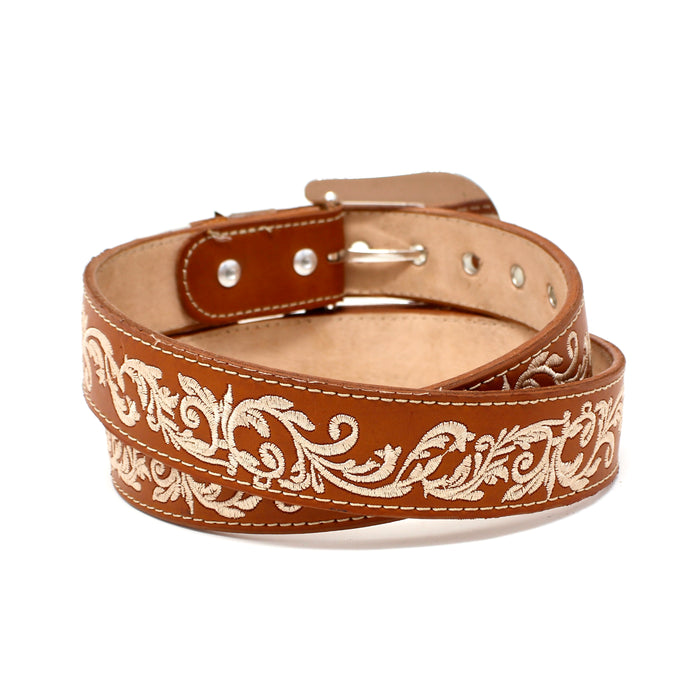 Leather Belt w/ Embroidered Print- Honey