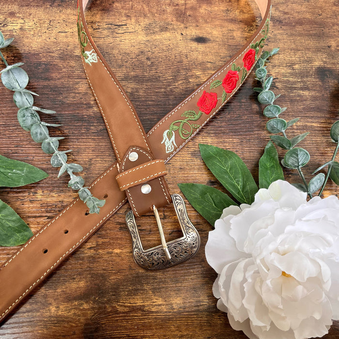 Leather Rose Belt w/ Silver Buckle - Honey