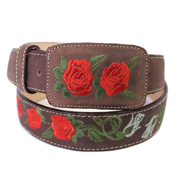 Leather Rose Belt w/ Square Buckle - Café